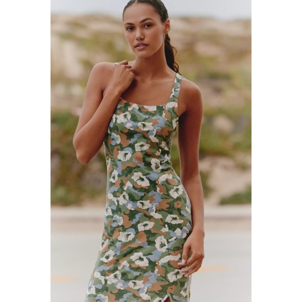 Daily Practice Anthropologie Green Blue Square Neck Floral Camo Midi Dress L - Picture 2 of 11